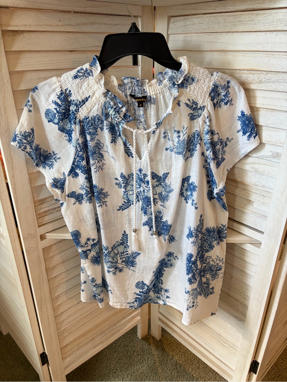 Blue Floral Tie-Neck Women's Blouse with Smocked Collar